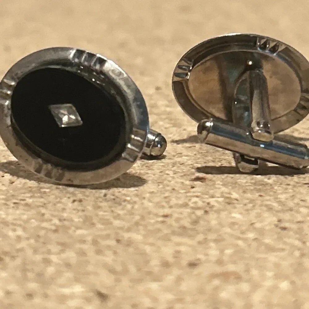 Vintage Onyx Black Cufflinks Silvertone